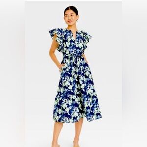 NWT: Flutter Short-Sleeve Poplin Tiered Midi Dress